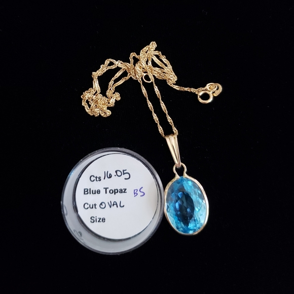 14K Gold 16CT Swiss Blue Topaz Solitaire Necklace - Picture 5 of 8